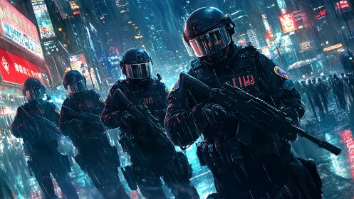 Riot police advance through neon soaked city streets in rain