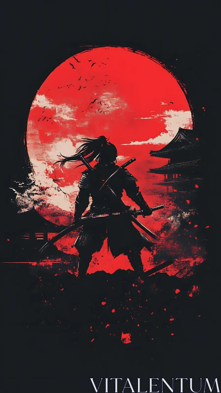 Crimson moon samurai poised between silence and storm.