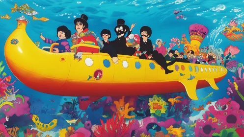 Playful journey in a bright yellow submarine undersea dream.