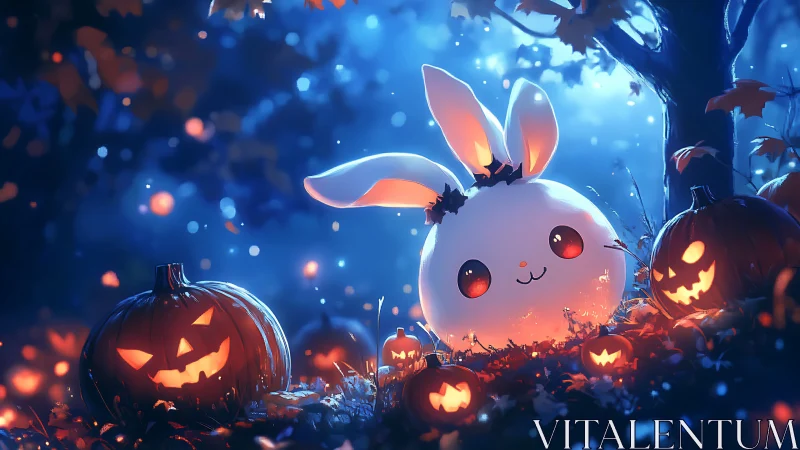 Luminous bun-pumpkin hybrid in spectral Halloween forest.