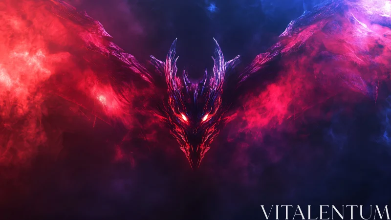 Winged fire dragon face emerging from red and blue smoke.