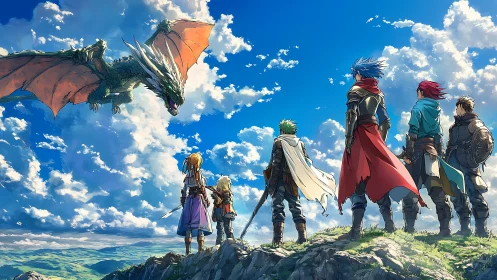 Fantasy heroes confront dragon above bright valley.