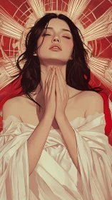 Devotional portrait of robed woman against radiant red halo