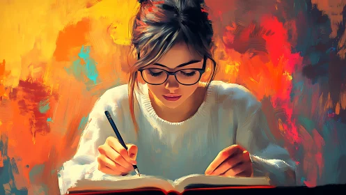 Girl studies intently with pencil over open book