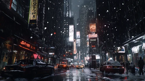Snowy neon city street shows taxis under glowing billboards