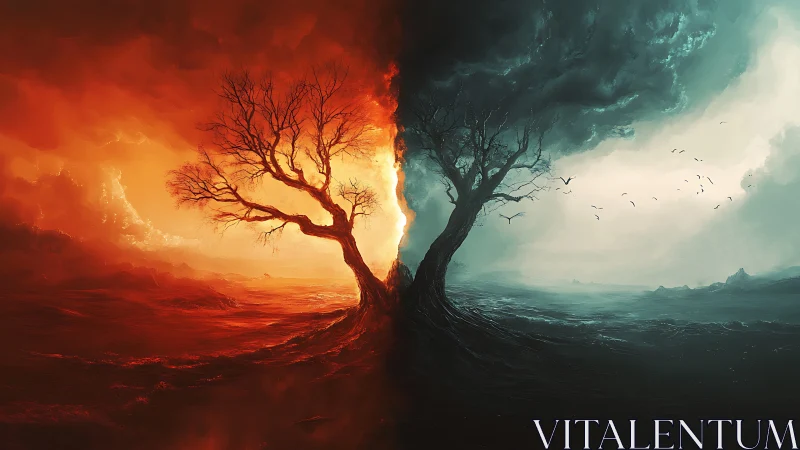 Bifurcated elemental landscape with opposing spectral trees.