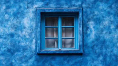 Quiet blue window squared against a cloud-swept wall.