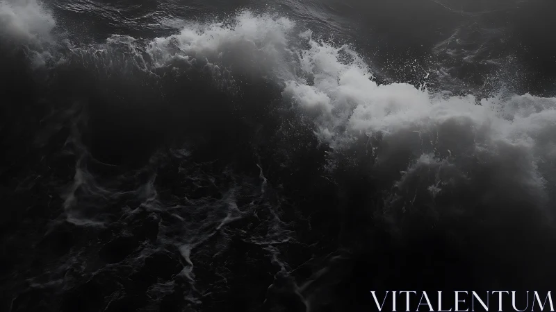 Dark storm waves crash in shadowed ocean seascape.