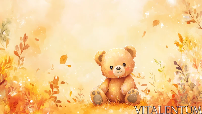 Cuddly teddy bear resting in a dreamy golden meadow.