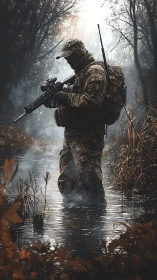 Solitary scout moving quietly through a misty forest marsh.