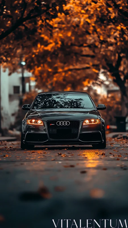 Black Audi sedan parked under dense orange autumn canopy.
