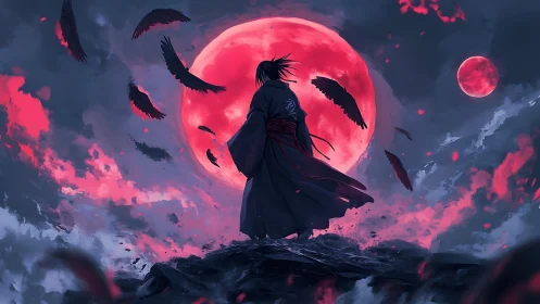 Anime moonlit warrior under crimson eclipse sky composition.