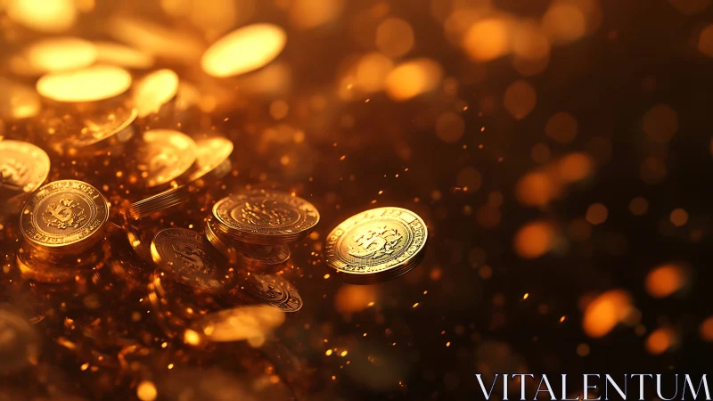 Golden cryptocurrency coins in dynamic bokeh illumination.