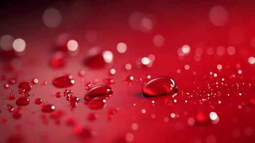 Crimson liquid droplets in macro bokeh field on red surface.