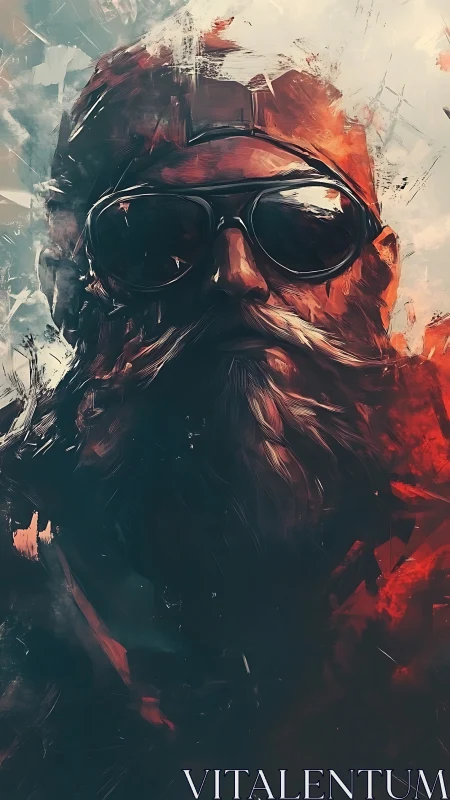 Bold bearded stranger in sunglasses bathed in fiery light.