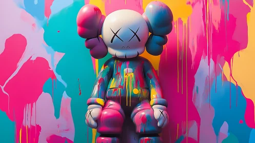 Vinyl-style toy figure coated in multicolor dripping paint layers