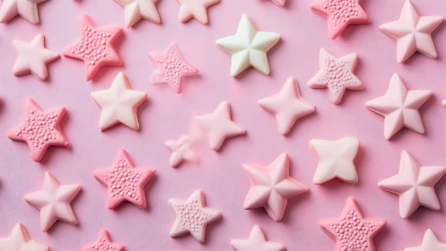 Pink star candies scatter across soft pastel background.