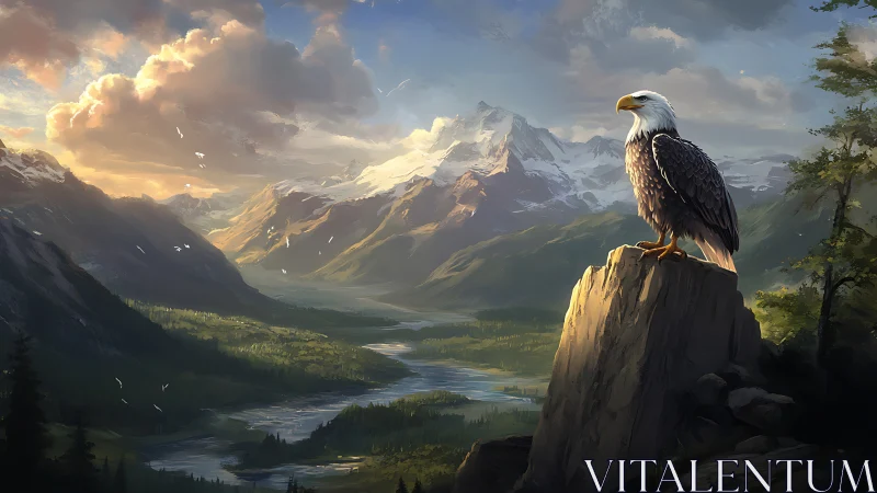 Majestic bald eagle on mountain peak in vibrant digital painting.