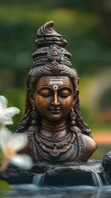 Photorealistic bronze Shiva bust in tranquil garden fountain.