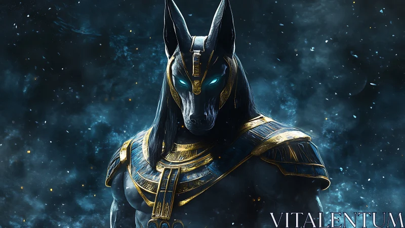 Ancient jackal guardian stands proud in glowing cosmic armor