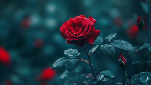 Crimson Rose with Teal Bokeh: Moody Garden Portrait.