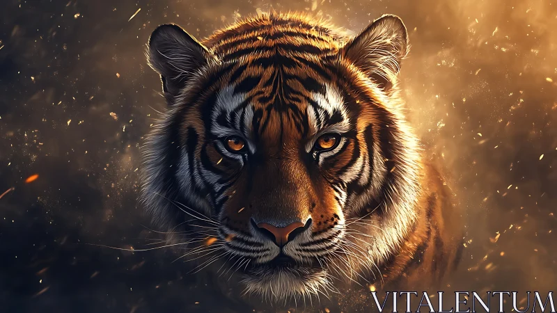Tiger portrait glows within embers and cinematic golden haze.