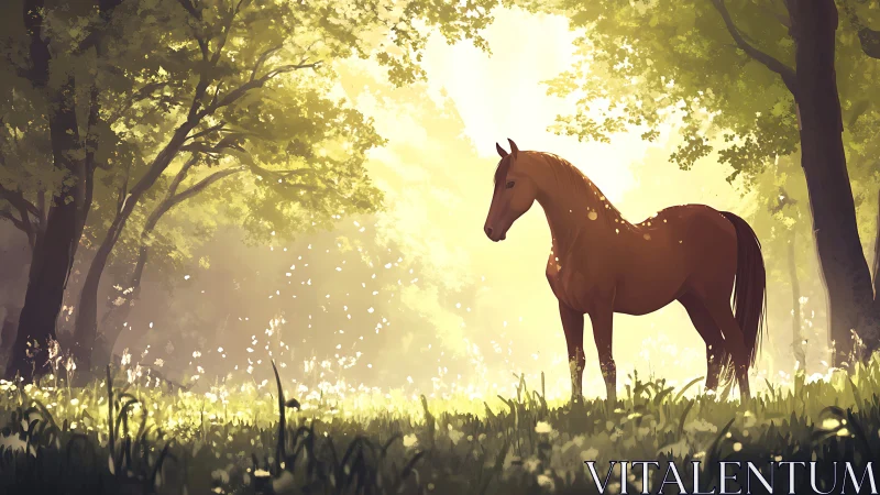 Sunlit chestnut horse stands quietly in a glowing forest meadow