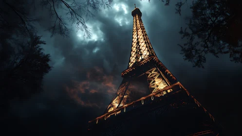 Eiffel Tower burns through storm-dark Paris night sky.