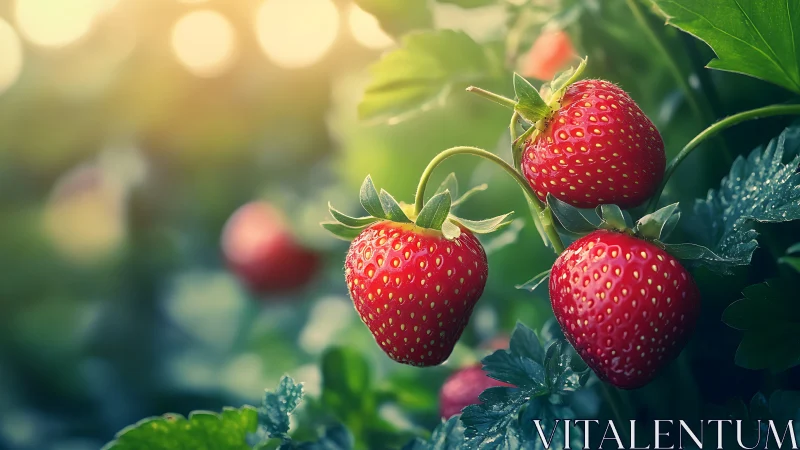 Sunlit macro study of ripe strawberry drupes in garden canopy.