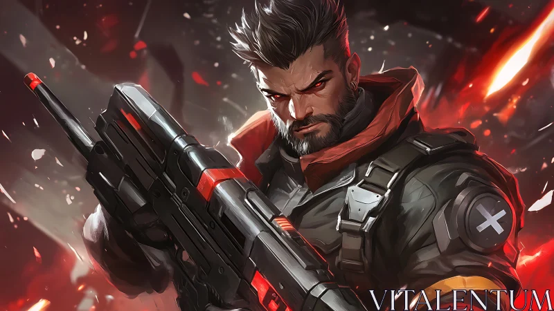 Heavily armed futuristic soldier grips rifle in combat stance