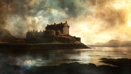 Medieval Fortress Silhouette with Atmospheric Luminescence Over Water.