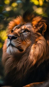 Telephoto portrait of male lion under directional rim lighting.