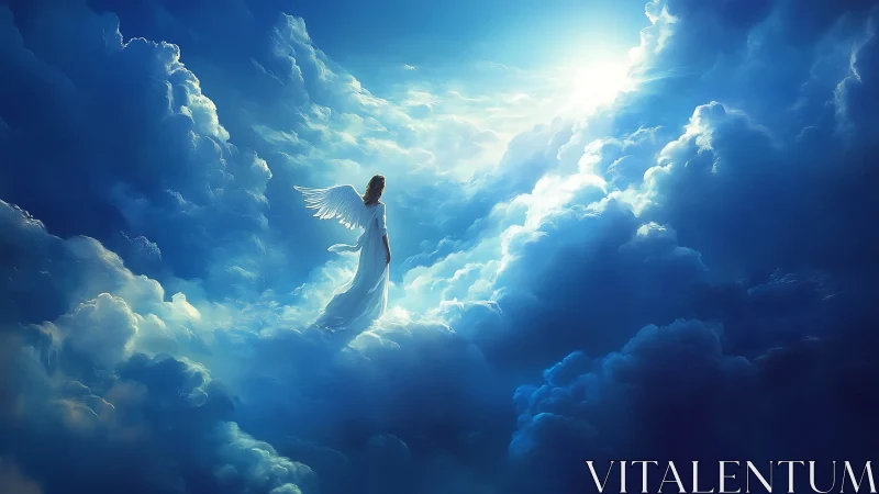 Luminous angel ascending through radiant celestial clouds.