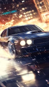 Midnight muscle car slices rain-soaked neon city streets