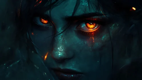 Fiery eyes burn through shadow and mist with fierce resolve