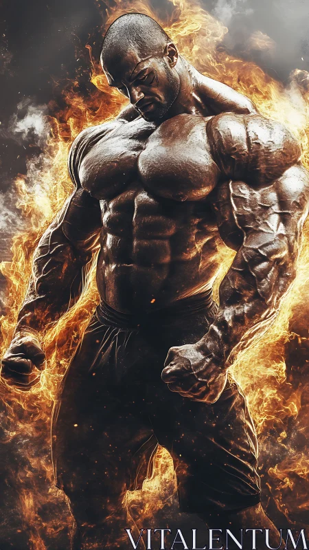 Molten titan of muscle erupts from a storm of fire.