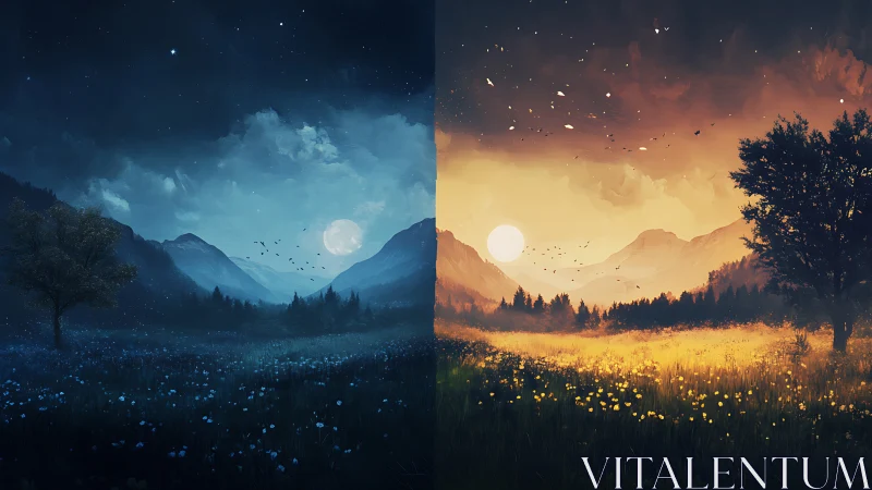 Dreamy valley meadow sharing day and night in harmony.