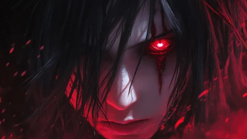 Intense red eyed character portrait in dark lighting.