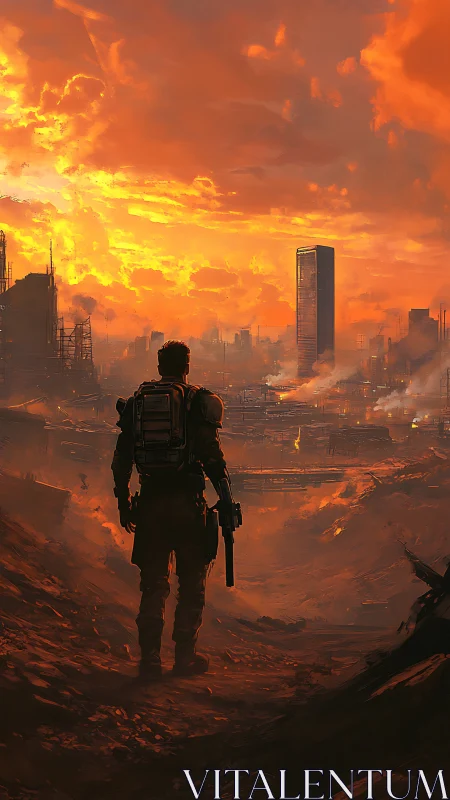 Solitary armed figure surveying ruined city at sunset.