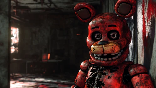 Distressed red animatronic bear haunts decayed corridor.