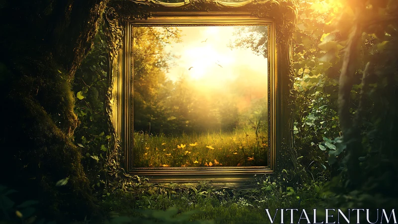 Framed forest clearing is depicted with controlled warm lighting