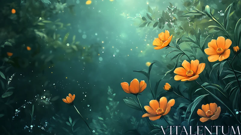 Golden Cosmos Blooms Waltz Through Emerald Twilight