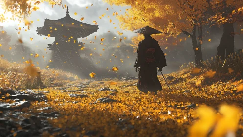 Lone samurai walks autumn forest path toward distant shrine