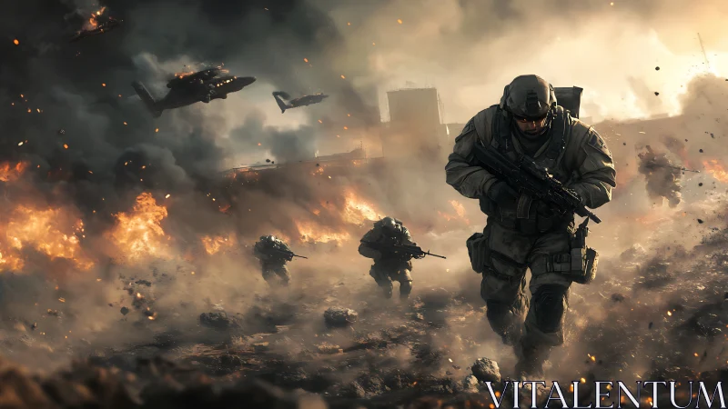 Armored soldiers advance through burning futuristic battlefield.