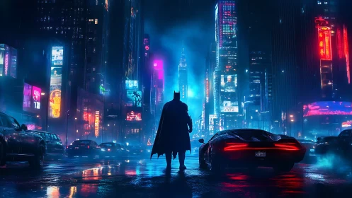 Caped vigilante surveys neon city street beside sports car