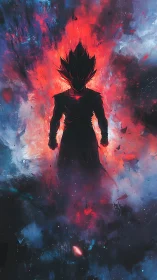 Silhouetted warrior ignites within fiery cosmic energy storm.