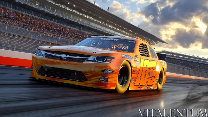 Orange stock car rounds speedway corner under low sun