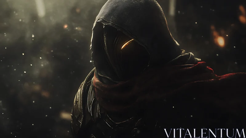 Hooded armored figure with glowing visor in backlit particle field