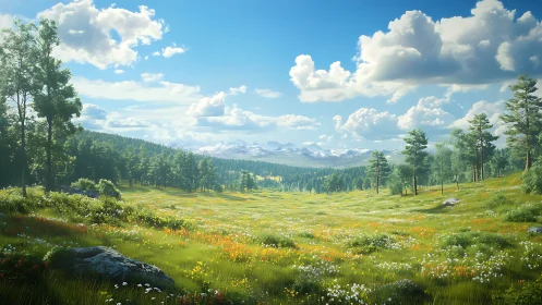 Sunlit mountain meadow stretches softly toward distant peaks