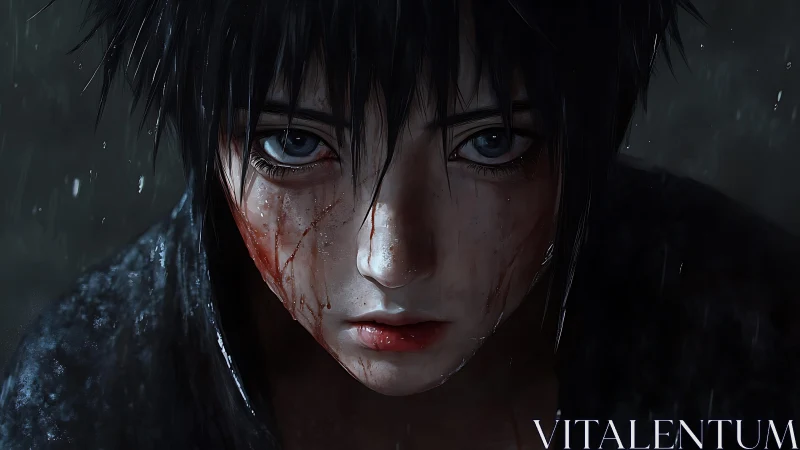 Bloodstreaked anime boy stares forward under falling rain